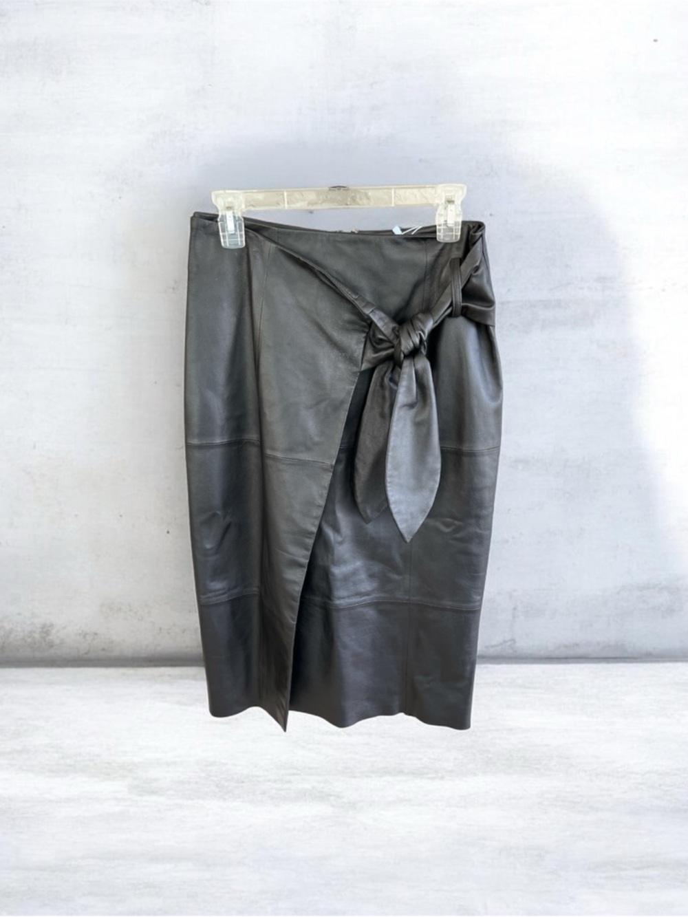 ANTONIO MELANI Black Faux Leather Wrap Pencil Skirt with Tie